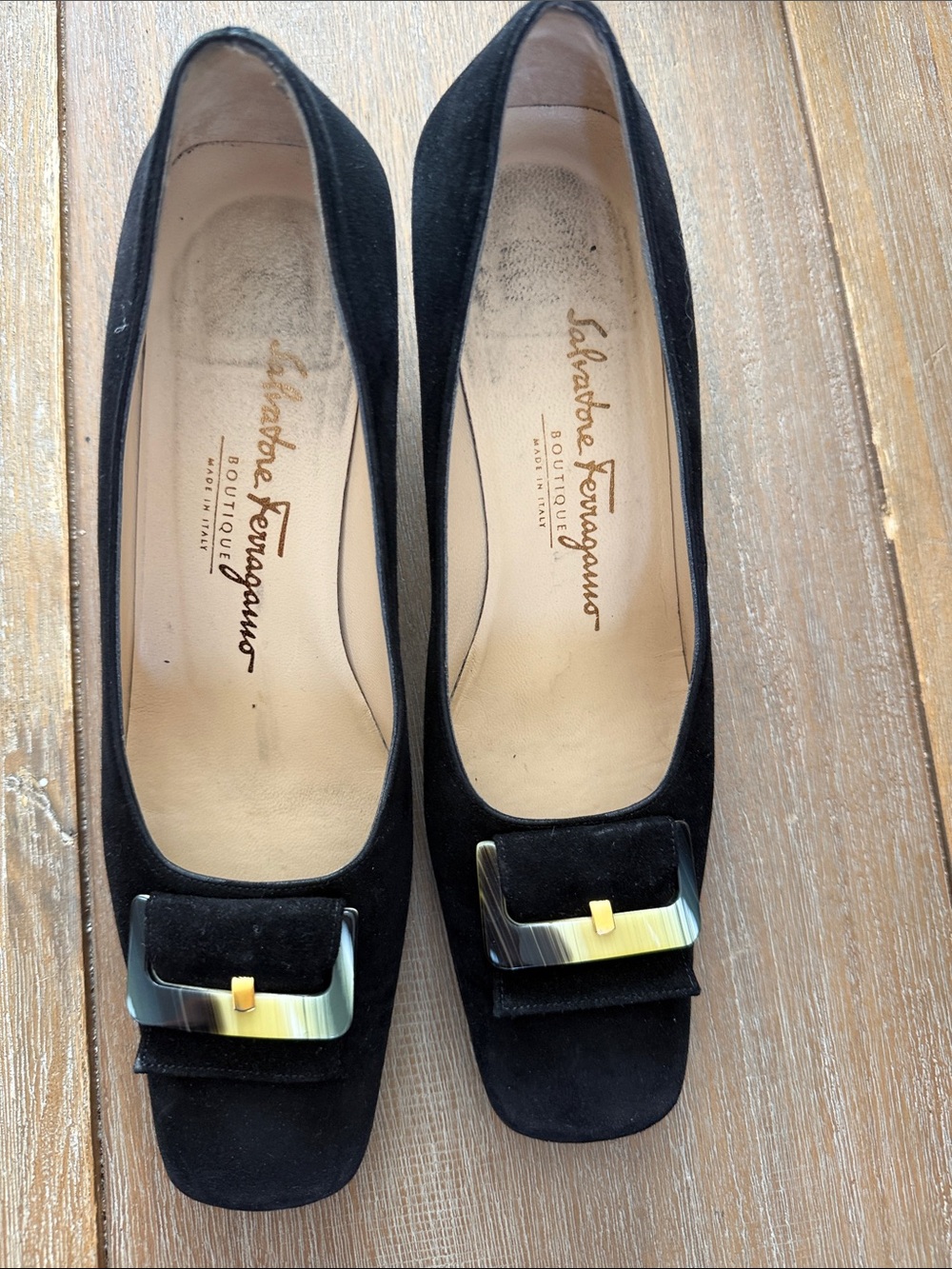 Salvatore Ferragamo Black Suede Block Heel Pumps Size 7.5